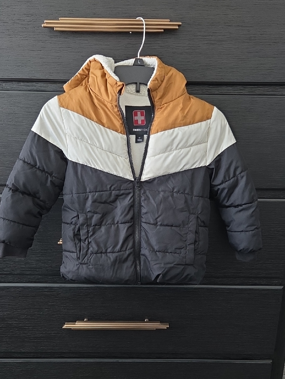 Swiss Tech Kids Color-Block Puffer Jacket - Black, Cream & Tan